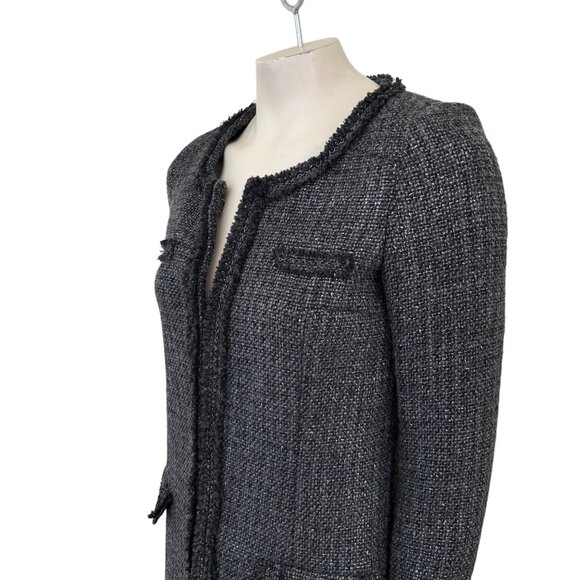 ZARA Wool Blend Fringe Trim Metallic Weave Long Tweed Blazer Jacket SZ S - Picture 3 of 10